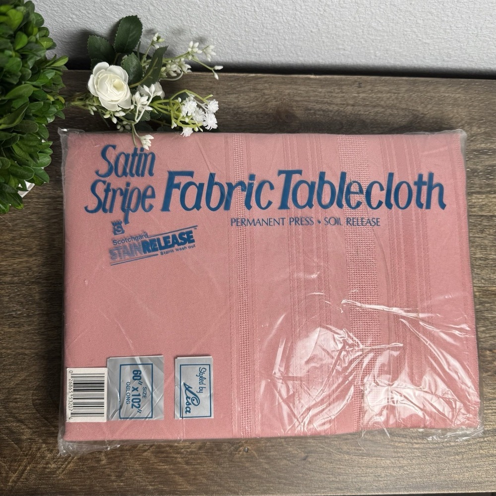 Vintage Pink Satin Stripe Tablecloth NOS 60x102 Oblong Permanent Press